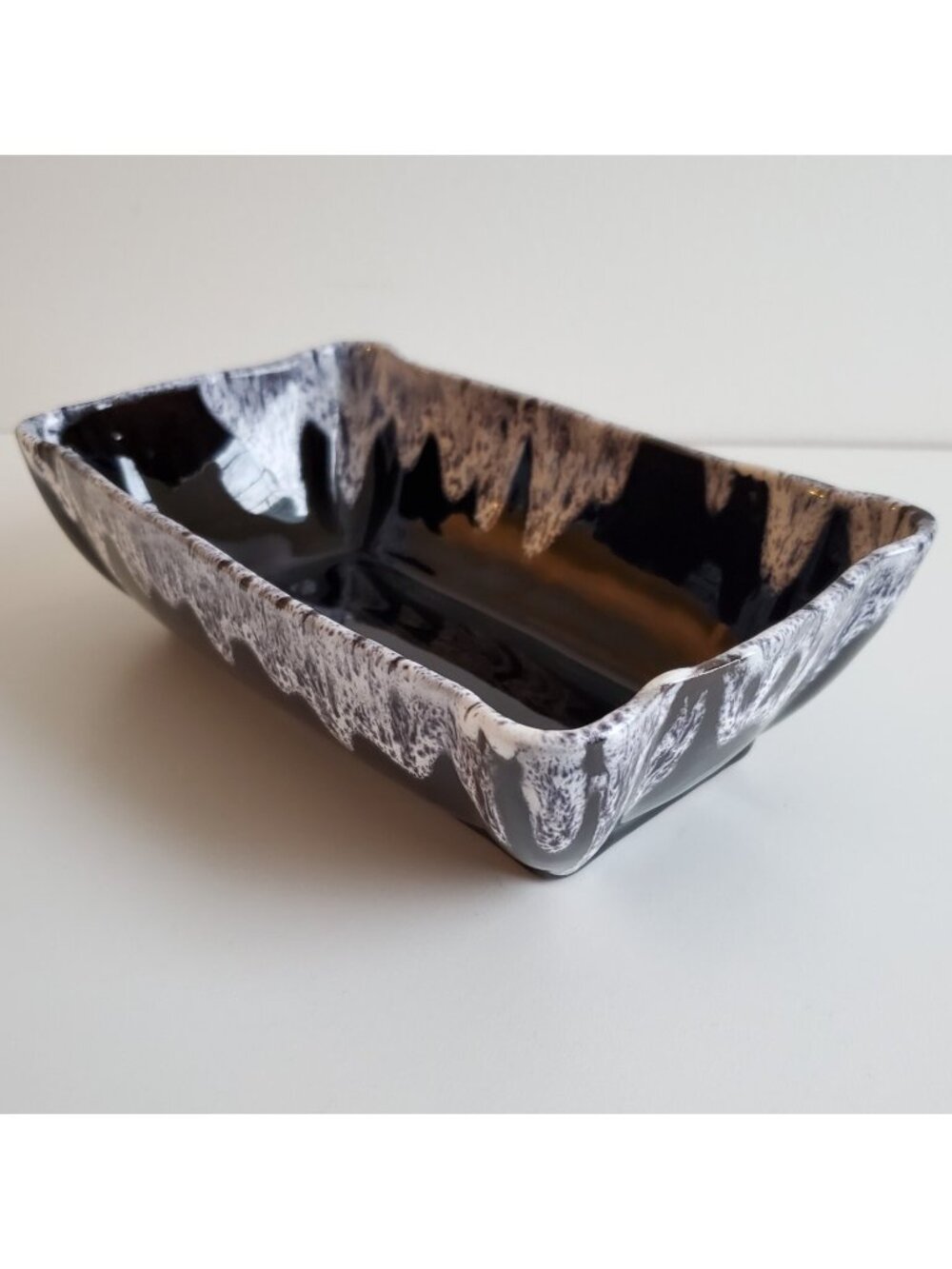 Black White Drip Glaze Rectangular Art Pottery Planter Mid Century Vintage